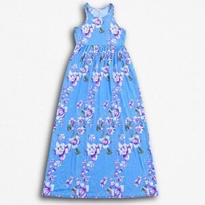Grecerelle Womens XL Blue Floral Sleeveless Maxi Dress Empire Waist Summer